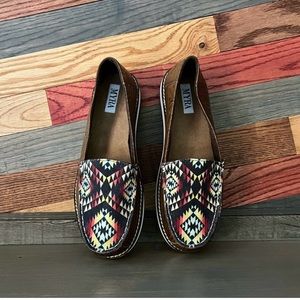 Embossed leather canvas tribal aztec fall flats slip-on shoes Myra Bag size 8